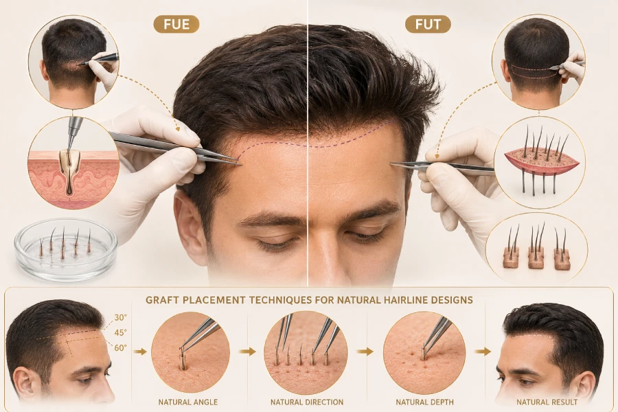Graft Placement Techniques For Natural Hairline Designs: FUE & FUT